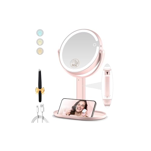 Makeup Mirror with Lights, Double Sided 1x/30x Magnifying Mirror with Light, Rechargeable 3 Color Lights and Adjustable Brightness, 360¡Æ Rotation Detachable Comes with Tweezer(Blush)