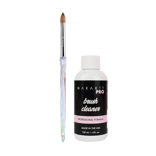 MakarttPro Brush Cleaner and Acrylic Kolinsky Brush Bundle - Size #12, Professional 100% Kolinsky Hair Acrylic Nail Brush with Acetone-Free Cleaner for Perfect Bead Control and Easy Maintenance