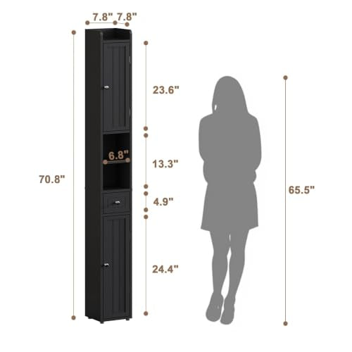 Narrow Bathroom Storage Cabinet with Adjustable Shelves & Drawer - Black