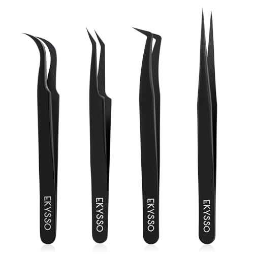 Eyelash Tweezers for Lash Extensions (Set of 4), Professional Lash Extension Tweezers Kit, Lash Tweezers for Mega Volume, Isolation & Classic False Lashes