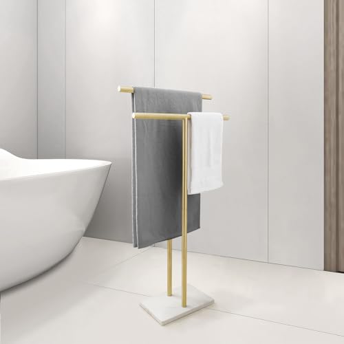 40 Inch Standing Towel Rack with Marble Base - Brushed Gold Finish