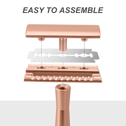 Safety Razor with Stand for Men & Women - Double Edge Single Blade Razor, One Blade Razor with 10 Blades & Metal Stand - Reusable Mens & Womens Shaving Razor (Complete Kit)-Rose gold