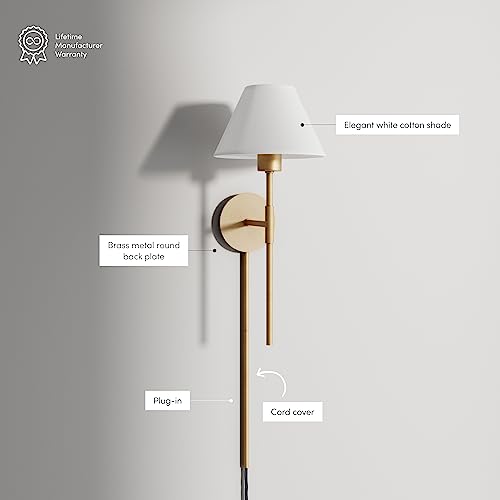 Brass & White Plug-in Wall Sconce with Cotton Shade - Set of 1