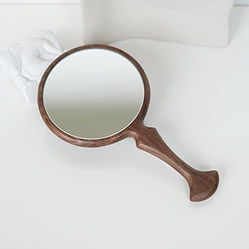Round Walnut Hand Mirror - 5.5 Inch Diameter, Handheld Travel Vanity Mirror for Men & Women