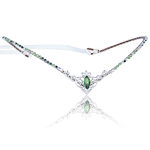 MOSTORY Handmade Green Crystal Tiara for Princess Wedding Rhinestone Fairy Crown Headband for Bridal Shower V-shape Woodland Elf Headpiece for Women Queen Bachelorette Party Medieval Fair Proms