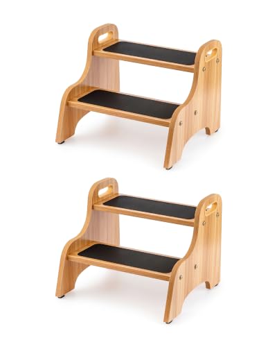 2 Pack Wooden Step Stools - Heavy Duty 350 lb Capacity Non-Slip Household Ladder