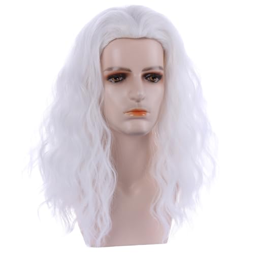 Mens White Curly Wavy Wig - Long Synthetic Hair for Men - Variation of White