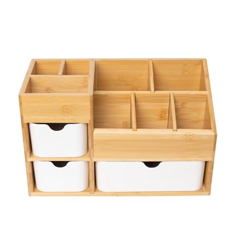Bamboo Makeup Organizer with 3 Drawers, Dresser Cosmetic Organizer Box,Bamboo Desk Organizer for Home with Adjustable Dividers£¨11.5x5.4in£©