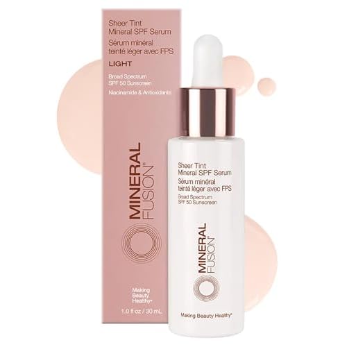 Mineral Fusion Sheer Tint SPF Face Serum (Light) - Tinted Broad Spectrum SPF 50 Mineral Zinc Oxide Sunscreen - Sheer Coverage Makeup, Lightweight & Dewy Finish - With Niacinamide, Aloe Vera - 1 Fl Oz