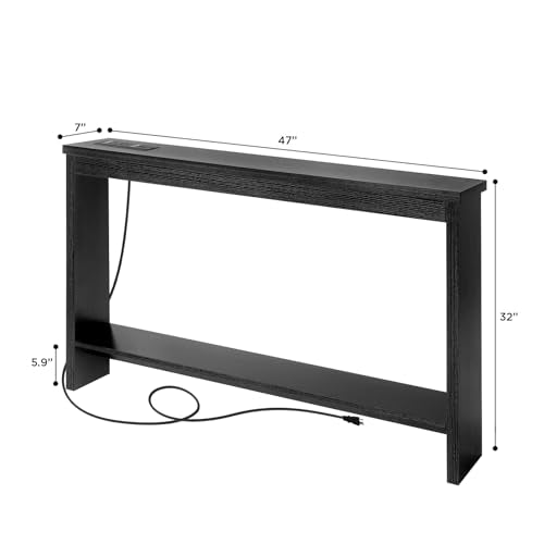47-Inch Narrow Sofa Table with Outlet & USB Charging Station - Black