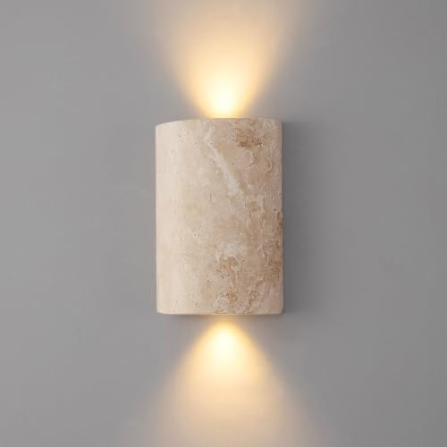Natural Travertine Wall Sconce with Warm LED Light - Modern Japandi Minimalist Wall Lamp for Bedroom Living Room Hallway