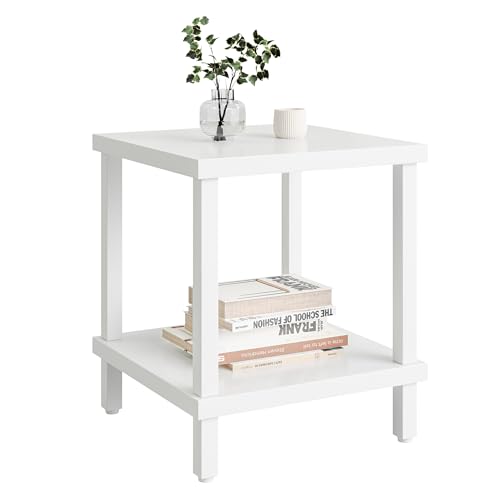 White Modern End Table with 2-Tier Storage Square Sofa Side Table