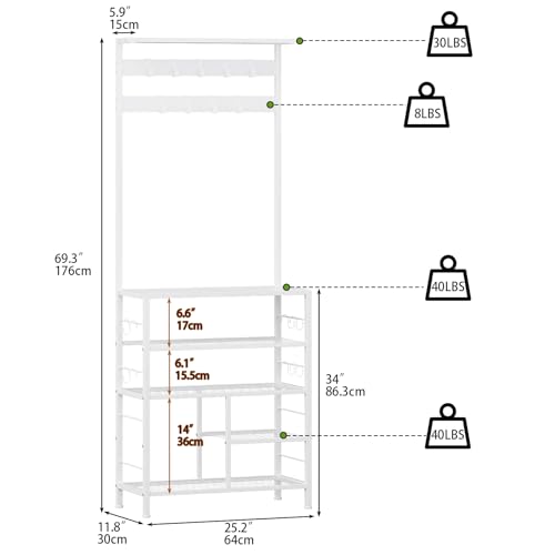 White 5-Tier Hall Tree Entryway Coat Rack with Movable Metal Hooks - GiftGo