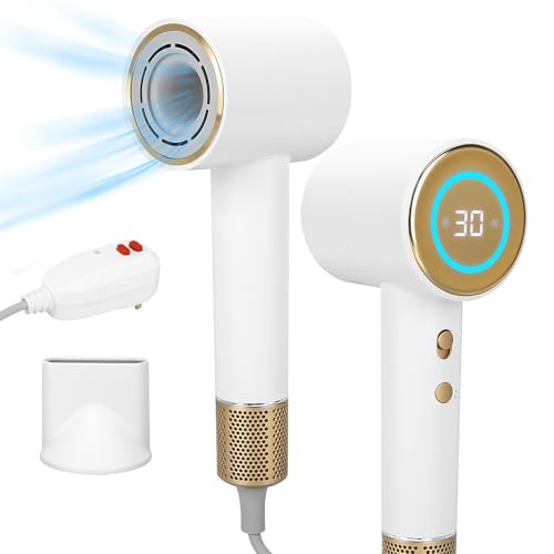 CoralBoxer White Hair Dryer with 110,000 RPM Brushless Motor, GFCI Safety Plug & LED Display