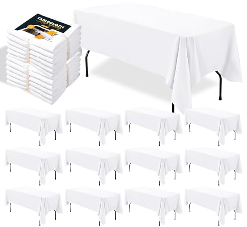 12 Pack White Rectangle Tablecloths 60 x 102 Inch for 6 Foot Tables - Wrinkle-Resistant Polyester, Reusable Event Cover - Variation: White-60 x 102 Inch, 12 Pack