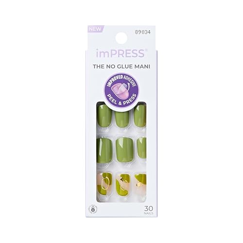 KISS imPRESS No Glue Mani Press On Nails, Design, 'Before Sunrise', Green, Short Size, Squoval Shape, Includes 30 Nails, Prep Pad, Instructions Sheet, 1 Manicure Stick, 1 Mini File