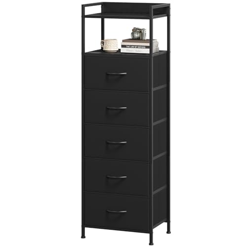 Tall Fabric Dresser with 5 Drawers - Modern Bedroom Storage Nightstand - Black, 11.4 x 15.2 x 42.1 Inches