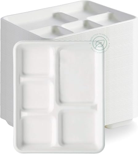 10 Inch Compostable Paper Food Trays with 5 Compartments Bulk Pack - Heavy Duty, Eco-Friendly, Sugarcane Material
