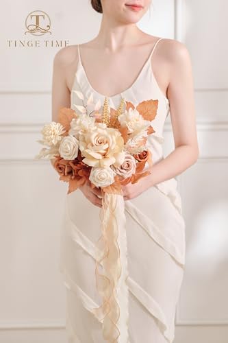 7-Inch Wedding Bouquets for Bridesmaid Set with Burnt Orange & Champagne Ribbons