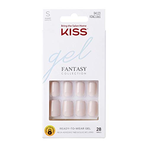 KISS Gel Fantasy Ready-to-Wear Press-On Gel Nails, ¡°Here I Am¡±, Short, White, Nail Kit with 24 Mega Adhesive Tabs, Pink Gel Glue, Manicure Stick, Mini File, and 28 Fake Nails