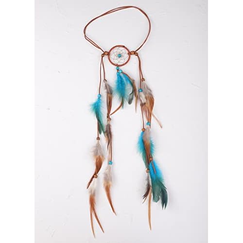 Jumwrit Bohemian Dreamcatcher Feather Headband Indian Gypsy Headpiece with Blue and Brown Feather Tassel Elastic Band Beaded Hairband Hippie Costume Accessories for Women and Girls