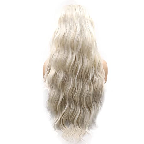 Blonde Curly Lace Front Wig 24 Inch Water Wave Synthetic Hair for Women - Platinum #60 - Natural Look & Heat Resistant - Variation of Blonde