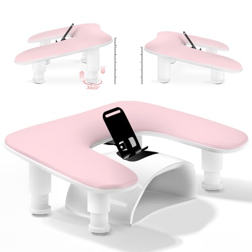 Arm Rest for Nails Tech with Phone Holder,Adjustable Nail Hand Rest for Acrylic Nails,PU Leather-Pink