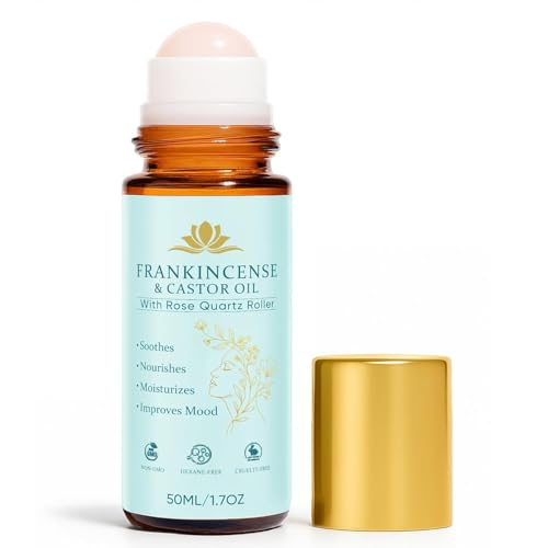 Organic Castor Oil Roll-On with Rose Quartz Roller for Skin & Hair Care - 50ML