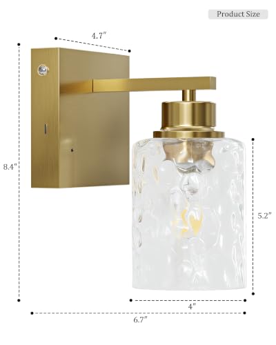 Hammered Glass Wireless Wall Sconces Set of Two Gold with Clear Shades - Rechargeable Battery Operated