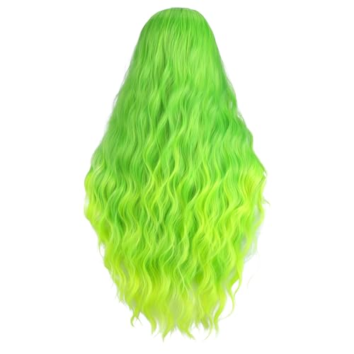 Green Ombre Neon Wavy Wig for Women Long Curly Synthetic Costume Hair - Adjustable