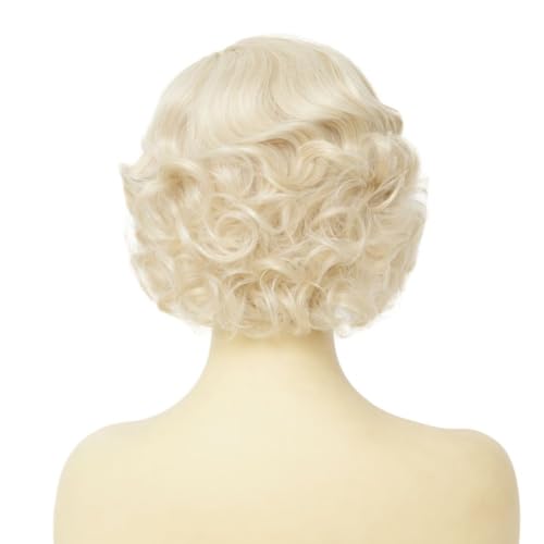 Dai Cloud Short Blonde Finger Wave Wig for Women - 1920s Curly Synthetic Heat-Resistant, Side Part, Rose Mesh Cap