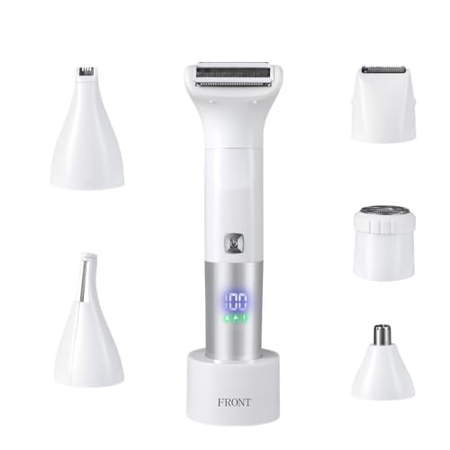 Bikini Trimmer for Women, 6-in-1 Body Hair Trimmer, Facial & Pubic Hair Removal, IPX7 Waterproof Wet & Dry Grooming Electric Shaver Kit,Cordless Travel Razor with USB Charging Dock