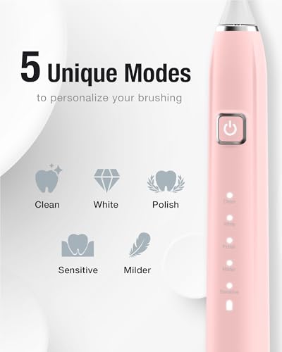 Pink Sonic Electric Toothbrush for Adults & Kids, 120 Days Battery Life