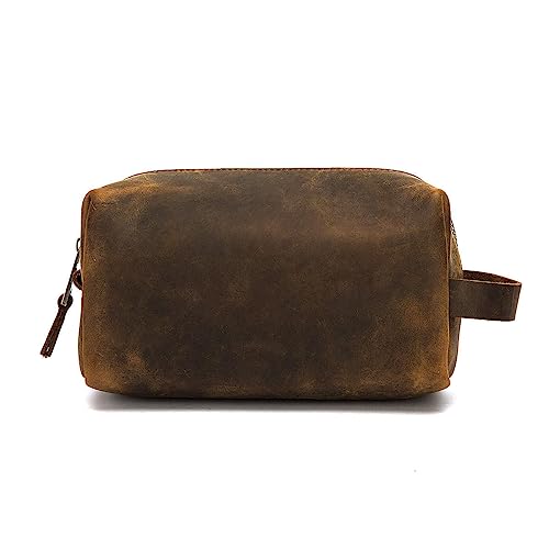 Premium Leather Unisex Toiletry Travel Pouch, Cosmetic Bag Organizer Stylish Waterproof Lining Vintage Unisex Kit, Water Resistant-Cosmetic Case DOPP Kit SD 064 (Coffee)