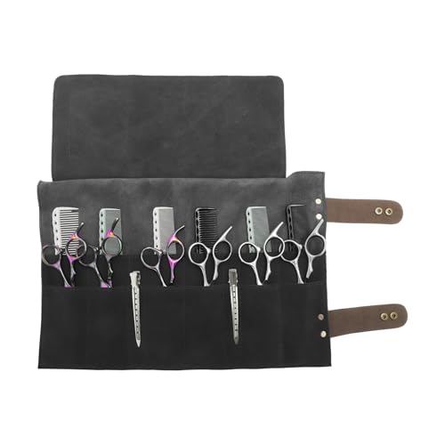 VOCOSTE Black Barber Scissors Roll-Up Bag with 12 Pockets, Durable Hair Tool Case