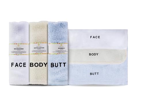 Crafty Cloth 6-Piece Washcloth Set with Embroidered Labels - Face, Body & Butt Fabrics - Beige, Blue, White