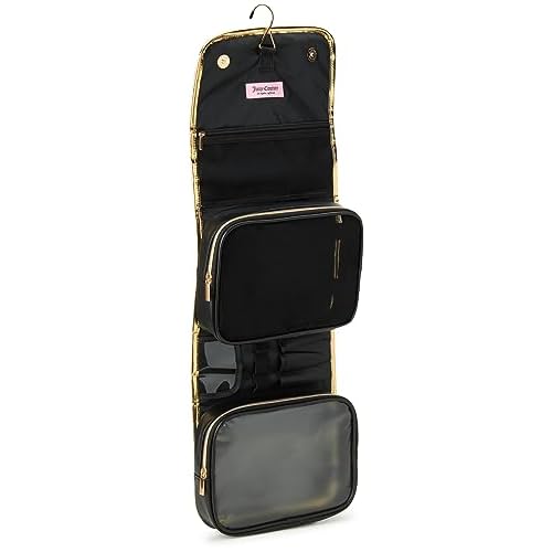 Juicy Couture Black Makeup Bag Cosmetics Organizer Travel Essentials Hanging Hook Faux Quilted Leather Gold Trim