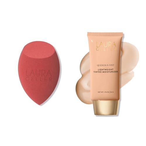 LAURA GELLER Quench-n-Tint Hydrating Lightweight Tinted Moisturizer, Light + Latex-Free Full Face Makeup Blending Sponge - Sheer Foundation for Daily Use