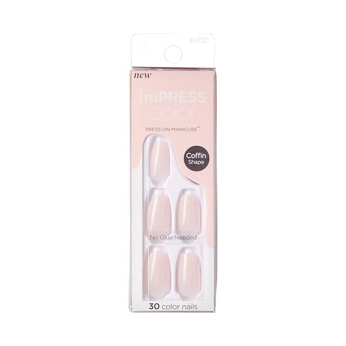 KISS imPRESS No Glue Mani Press On Nails, 'Serendipity', Pink, Medium Size, Coffin Shape, Includes 30 Nails, Prep Pad, Instructions Sheet, 1 Manicure Stick, 1 Mini File