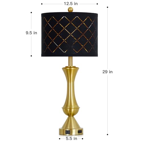 Luxeflow 29-Inch Gold Modern Touch Table Lamps Set of 2 - Dimmable Nightstand Lamps with USB-C + A Outlets, Brass Finish, 4 Variation