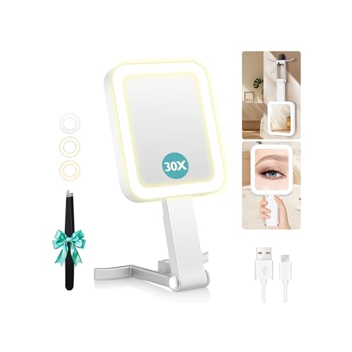 B Beauty Planet White Travel Makeup Mirror with Lights, 1X/30X Magnification & Adjustable Brightness