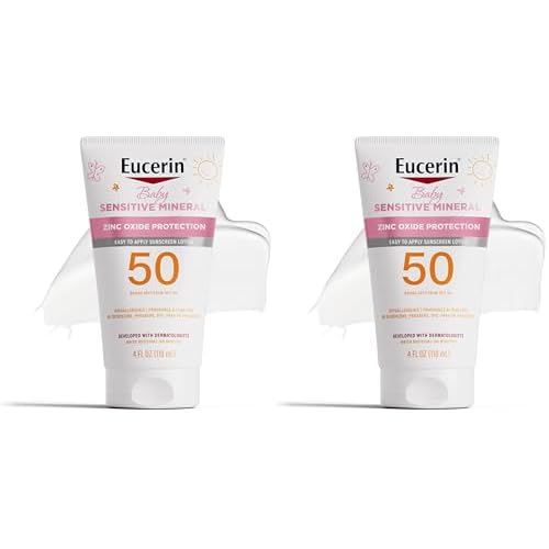 Eucerin Sun Sensitive Mineral Baby Sunscreen Lotion SPF 50 with Zinc Oxide Protection,Hypoallergenic Mineral Sunscreen for Babies,Tear Free and Fragrance Free,4 Fl Oz Tube,(Pack of 2)