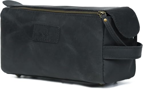 Men's Leather Toiletry Bag - Vintage Dopp Kit Organizer with Waterproof Lining - Black, Small