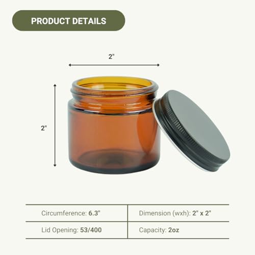 2oz Amber Glass Jars with Black Lid - Pack of 12, Reusable & Sun-Protected for Beauty & Candles