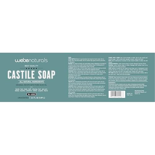 WEBE Pure Unscented Castile Liquid Soap Refill, 64 Ounce | Vegan & Gluten Free Non-GMO, For Face, Body Wash, Dishes, Pets & Laundry