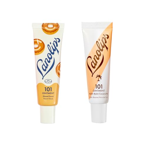 Lanolips Glazed Donut & Coconut Duo - 101 Ointment Glazed Donut (0.52 oz) & 101 Ointment Coconutter (0.35 oz) for Hydrated, Healthy Lips, Cuticles & More