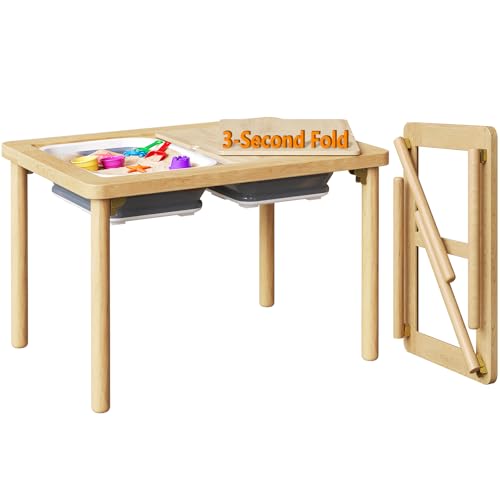 Foldable Wooden Sensory Table with 2 Bins - Indoor/Outdoor Play Set - Space-Saving Design