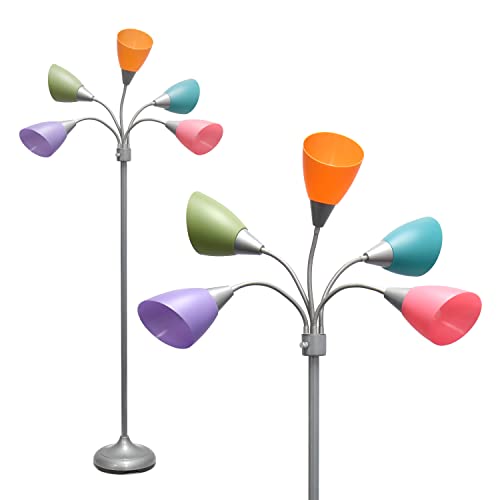 Simple Designs LF2006-SLM 67" Silver Multi-Head Medusa Floor Lamp with Colorful Shades for Kids & Living Room