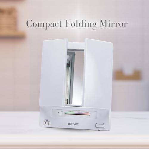 JERDON Tri-Fold Two-Sided Makeup Mirror with Lights - Vanity Mirror with 5X Magnification & Multiple Light Settings - White Base - Model JGL9W