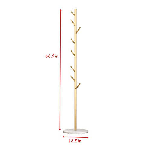 Gold Coat Rack with 8 Hooks - Branch Design, Freestanding Entryway Organizer, Gold-White Variation